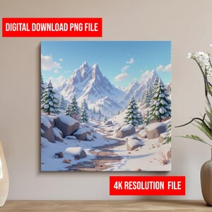 Winter Wonderland Snowy Mountain Landscape, Christmas Digital Wall Art Prints, Gallery Canvas Wrap, Cozy Home Decor, Downloadable PNG File