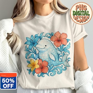 Beluga-Wal PNG, Wal-Clipart, Blumen-Png, Hibiskus-Png, süßer Wal, Sublimations-Png, digitaler Download