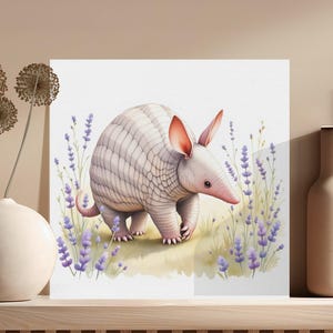 Cute Armadillo Lavender Field Digital Art Print, Whimsical Animal Wall Decor, Canvas Gallery Wrap Printable Nursery Art, Instant Download