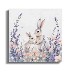 Süßer Hasen und Blumen Wandbild, Digital Download, Aquarell Druck, Kinderzimmer Wandbild, Kaninchen Illustration, Tier Kunstdruck
