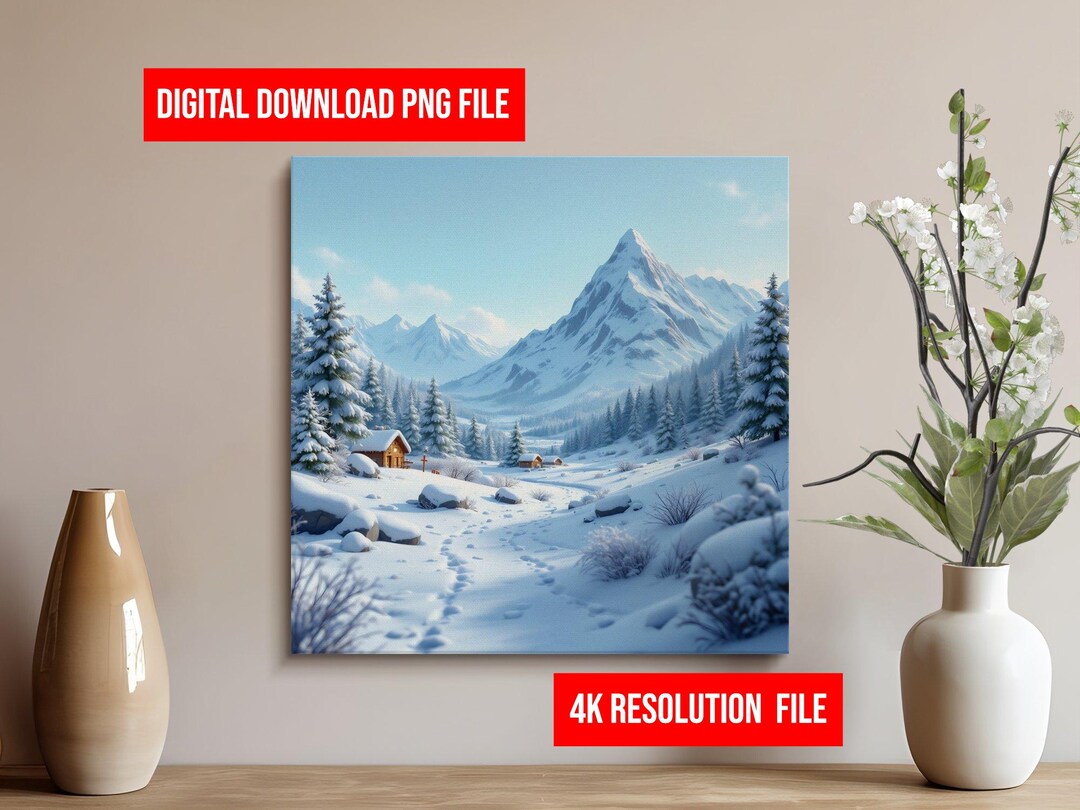 Winter Wonderland Mountain Cabin Snow Scene Digital Wall Art Poster ...