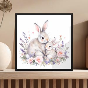 Wall Art Prints Adorable Bunny with Florals Watercolour Wall Art, Mother and Baby Rabbit Digital Download PNG File, Cute Animal Art Print