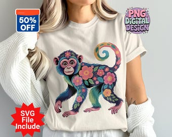 Floral Monkey Png, Monkey Clipart, Boho Monkey, Flower Monkey, Sublimation Png, Animal Png, Digital Download, SVG File Download
