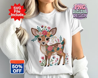 Floral Deer PNG, Deer Clipart, Boho Deer Png, Flower Crown Deer, Sublimation Png, Baby Deer, Digital Download