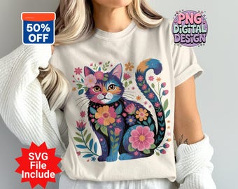 Floral Cat PNG, Cat Clipart, Flower Png, Cat with Flowers, Boho Cat, Sublimation Png, Digital Download PNG, SVG File Download