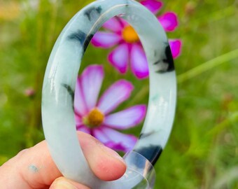 59 mm 翡翠バングル 青緑色 花柄 グレード A 翡翠 ビルマ / ミャンマー