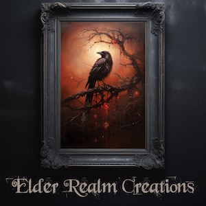 Bird of the Blood Tree # Digital Art for Download. Black Mystical Creature Bird. Victorian Disturbing Art Pagan themed. Dark Academia.