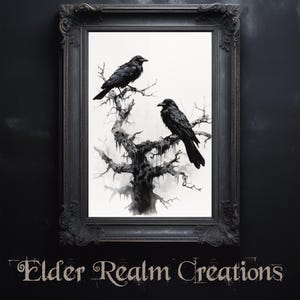 Patient Crows # Digital Art for Download. Black Crows on the Tree. Victorian Disturbing Art, Pagan themed. Dark Academia.