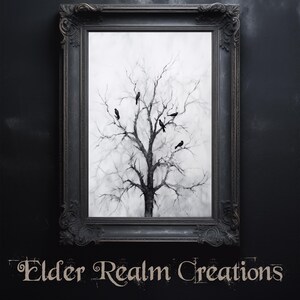 Birds on the Old Tree # Digital Art for Download. Black Crows on the Tree. Victorian Disturbing Art, Pagan themed. Dark Academia.
