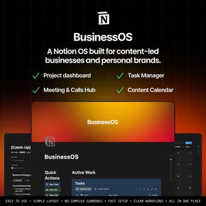 Könnte beinhalten: Eine digitale Benutzeroberfläche für BusinessOS, ein Notion OS für Content-basierte Unternehmen und persönliche Marken. Die Oberfläche bietet ein Projekt-Dashboard, einen Task-Manager, einen Meeting-Hub und einen Content-Kalender.