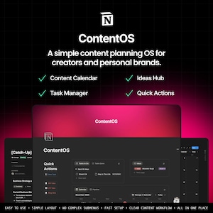 May include: A digital interface for content planning, featuring the "ContentOS" logo and text. The interface showcases a calendar, task manager, and ideas hub. The design is primarily black and pink, with the text "ContentOS" and supporting features listed.