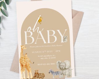 Może przedstawiać: Zaproszenie na baby shower z beżowym wzorem łuku i napisem "oh BABY". Zaproszenie zawiera akwarelowe ilustracje żyrafy, lamparta, zebry, słonia, koali i małpy. Zaproszenie zawiera datę, godzinę i informacje RSVP.