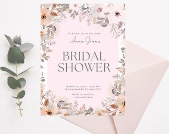 May include: A pink bridal shower invitation with floral accents. The invitation includes the text "Anna Jones" and "Bridal Shower". The date, time, and location are also listed, along with an RSVP contact.