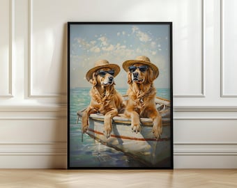 Golden Retriever Wall Art, Coastal Wall Art, Funny Dog Art, Golden Retriever Gift Ideas, Digital Download, Printable Wall Art, Trendy Art
