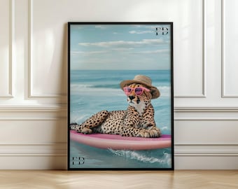 Cheetah Surfing Wall Art, Coastal Beach Wall Art, Funny Animal Wall Art, Surfboard Wall Art, Printable Wall Art, Tropical Surfboard Print