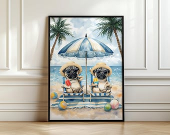 May include: Watercolor print of two pugs relaxing on a beach. They wear sunglasses and straw hats, sitting in beach chairs under a blue and white striped umbrella. Palm trees and colorful beach balls complete the scene.