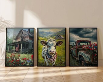 Red White and Blue Wall Art, Set of 3 Art, Country Wall Art, Fourth of July Art, Farm Art, Cow Art, Vintage Art, Patriotic Wall Art