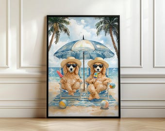 May include: A framed watercolor print featuring two dogs relaxing on a beach. They wear sunglasses and hats, sitting in beach chairs under a blue and white umbrella. Each dog holds a popsicle. Palm trees and beach balls complete the sunny scene.