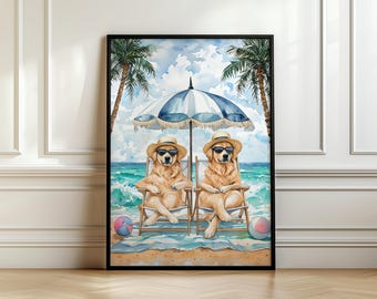 Golden Retriever Wall Art, Coastal Wall Art, Beachy Art, Printable Wall Art, Golden Retriever Gifts, Digital Download, Trendy Wall Art