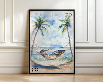 Coastal Alligator Wall Art, Tropical Printable Poster, Beachy Wall Art,Instant Download, Bedroom Decor, Dorm Room Inspo, Beach House Art