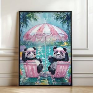 May include: Two pandas wearing sunglasses relax on pink lounge chairs under a pink and white striped umbrella. The pandas are sitting in a pool of blue water with palm trees in the background.
