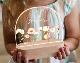 Custom Night Light for Baby Girl, Toddler Bedside Night Light, Custom Name Lamp, Floral Night Light for Nursery Decor, New Baby Gift