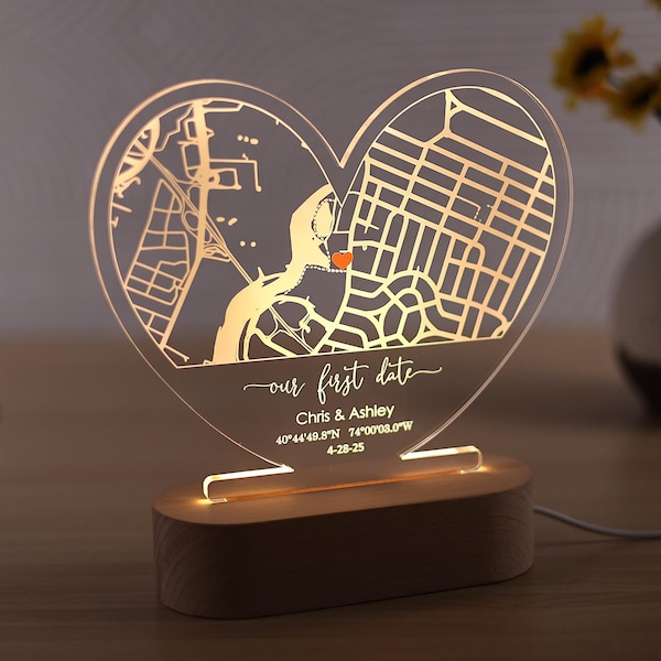 Heart Date Map Night Light, Personalized Our First Date Acrylic Plaque, Where It All Began Location Plaque, Mothers Day gift
