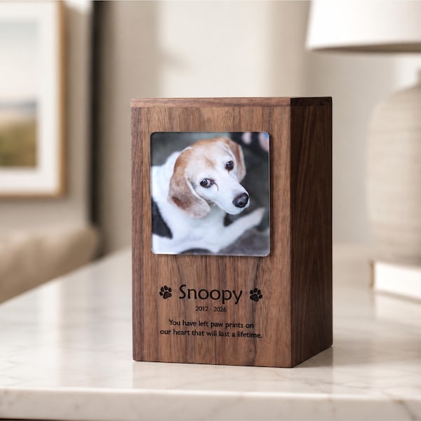 Personalized Dog - Cat Wood Pet Urn, Memorial Box, Walnut, Cherry, Cremation Urn