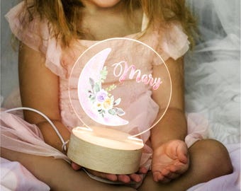 Personalized Baby Girl Moon Night Light, Beechwood Lamp