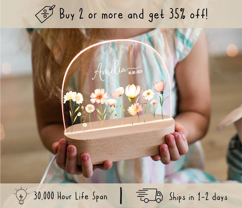 Custom Night Light for Baby Girl, Toddler Bedside Night Light, Custom Name Lamp, Floral Night Light for Nursery Decor, New Baby Gift Option 8