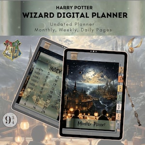 May include: A digital planner with a Harry Potter theme. The cover features a dark image of Hogwarts castle with a full moon in the sky. The planner includes monthly, weekly, and daily pages. The text "Monthly Planner" is visible on the screen. The planner has 50 pages and 100 stickers.