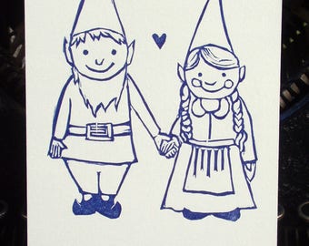 Plain Gnome Sweethearts Letterpress Postcard