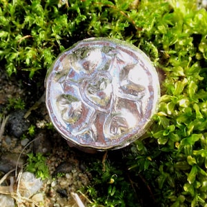 Puede incluir: Un amuleto de metal plateado con un diseño detallado en relieve. El amuleto está sobre un lecho de musgo verde.
