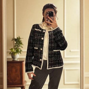 French Tweed Jacket: Pearl Button Plaid Blazer