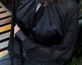 Satin Blouse with Neck Tie - Elegant Long Sleeve Evening Top