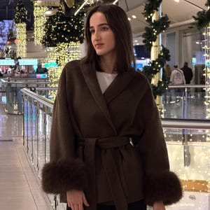Wool Wrap Winter Coat with Belt and Faux Fur Cuffs, Elegant Midi Jacket, Belted Coat