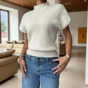 Suéter de manga corta de punto acanalado color albaricoque / Top de punto con cuello alto / Jersey informal minimalista para mujer