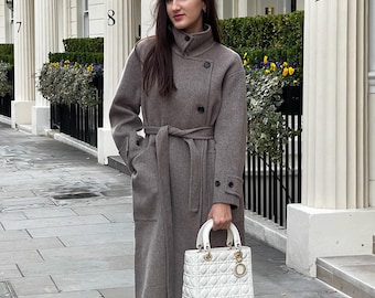Wool Elegant Long Coat, Belted Overcoat with Funnel Neck, Winter Outerwear, Premium Warm Wool Jacket