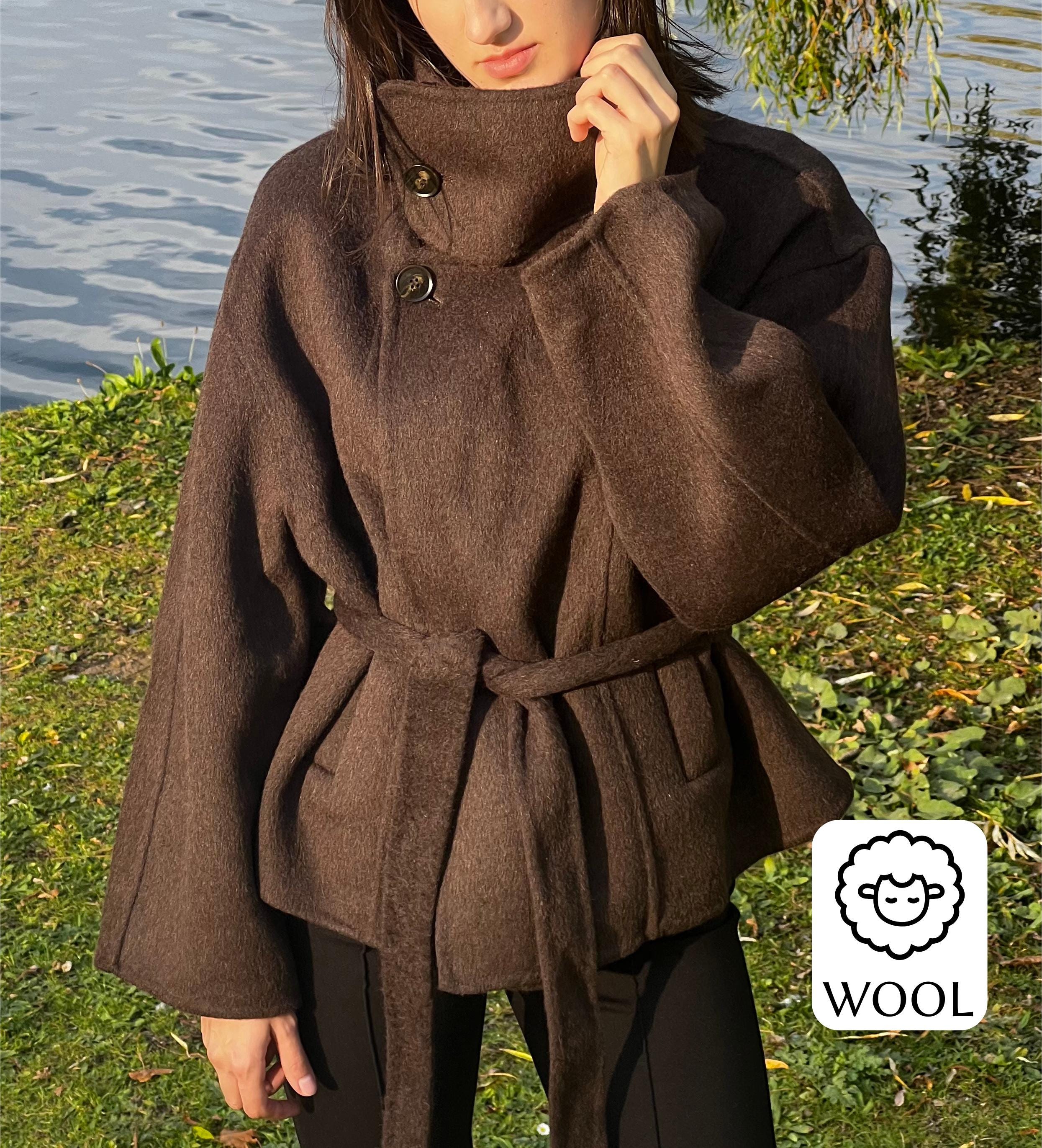 Wool Wrap Coat With Belt – Elegant Coffee Brown Midi Jacket With