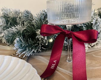Christmas Ribbon Bow Place Name for Prosecco and Wine Glasses