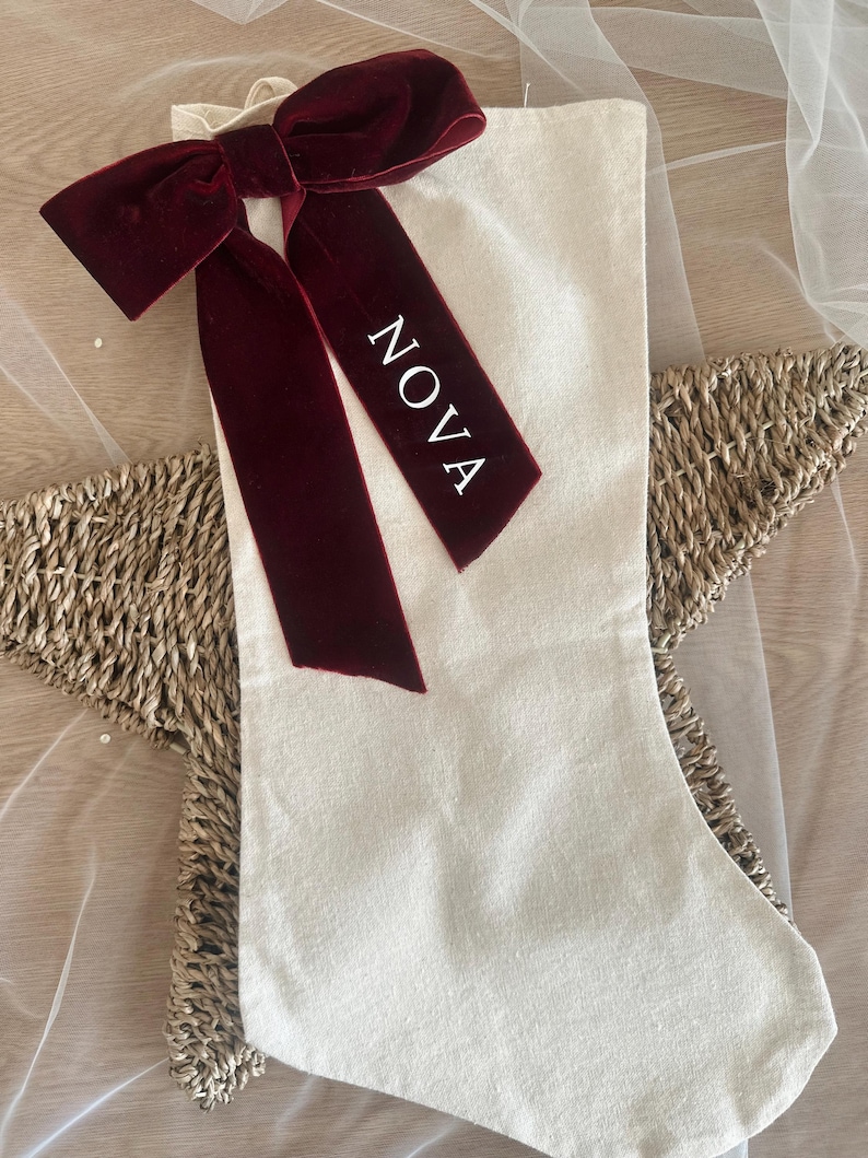 Personalised Christmas stocking with velvet name ribbon