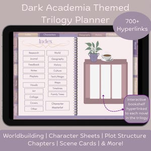 May include: A digital planner for writers, with a dark academia theme. The planner includes sections for worldbuilding, character sheets, plot structure, chapters, and scene cards. The planner has a purple and pink color scheme and features a bookshelf with hyperlinks to each novel in the trilogy.