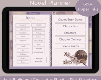 May include: A digital planner for writers with a dark academia theme. The planner has a purple and white colour scheme and features a floral illustration. The planner includes sections for worldbuilding, character sheets, plot structure, chapter outlines, and scene cards. The text "600+ Hyperlinks" is visible in the top right corner.
