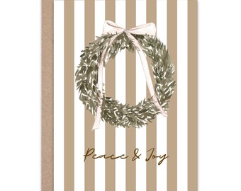 Vintage Christmas Card A6 Holiday Greeting with Kraft Envelope  Minimalist Peace and Joy Christmas Wreath Card  Rustic Festive Stationery