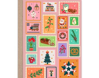 Christmas Card Festive Holiday Collage Colourful Retro Illustrations Family Friendly Greeting Cute Whimsical Xmas Design vintage design