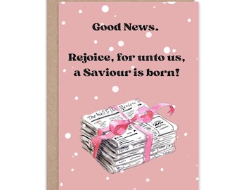Christian Christmas Card “Good News” Gospel Message Birth of Jesus Faith Based Holiday Greeting Pink Polka Dot Design whimsical vintage