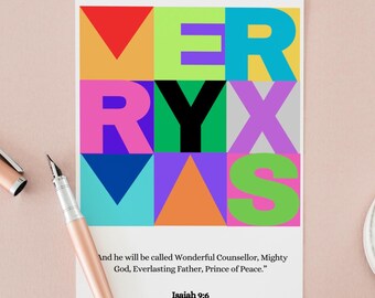 A6 Christian Christmas Card MERRY XMAS Modern Design Isaiah 9:6 Scripture Greeting Bold Colourful Holiday Card bible verse christmas card