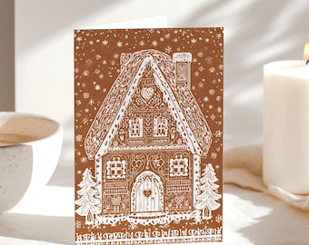 Unique whimsical Gingerbread House Christmas Card Holiday Greeting Card kids Festive Cookie House Illustration Blank Inside Premium Paper A6