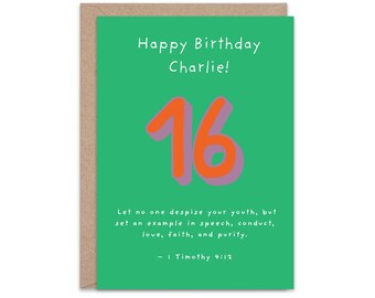 Personalised 16th Birthday Card 1 Timothy 4:12  Christian Scripture Card Religious Milestone Birthday Faith Greeting for Teen  sweet sixteen
