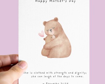 Christian Mother’s Day Card Proverbs 31:25 Scripture card for mom Religious Mum Card Faith Greeting Bear & Cub Illustration card for mum